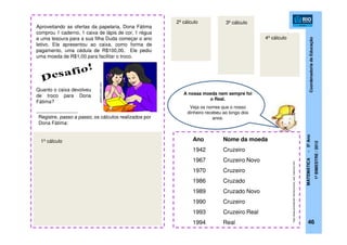 CoordenadoriadeEducação
MATEMÁTICA-5ºAno
1ºBIMESTRE/2012
Aproveitando as ofertas da papelaria, Dona Fátima
comprou 1 caderno, 1 caixa de lápis de cor, 1 régua
e uma tesoura para a sua filha Duda começar o ano
letivo. Ela apresentou ao caixa, como forma de
pagamento, uma cédula de R$100,00. Ele pediu
uma moeda de R$1,00 para facilitar o troco.
Registre, passo a passo, os cálculos realizados por
Dona Fátima:
Ano Nome da moeda
1942 Cruzeiro
1967 Cruzeiro Novo
1970 Cruzeiro
1986 Cruzado
1989 Cruzado Novo
1990 Cruzeiro
1993 Cruzeiro Real
1994 Real
1º cálculo
2º cálculo
A nossa moeda nem sempre foi
o Real.
Veja os nomes que o nosso
dinheiro recebeu ao longo dos
anos.
46
3º cálculo
Quanto o caixa devolveu
de troco para Dona
Fátima?
_______________
4º cálculo
http://www.portalbrasil.net/economia_real_historico.htm
galeria.colorir.com
 