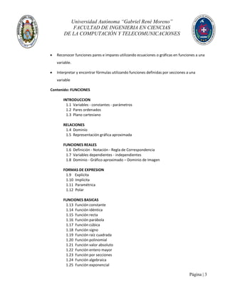 Universidad Autónoma “Gabriel René Moreno”
FACULTAD DE INGENIERIA EN CIENCIAS
DE LA COMPUTACIÓN Y TELECOMUNICACIONES
Página | 3
 Reconocer funciones pares e impares utilizando ecuaciones o gráficas en funciones a una
variable.
 Interpretar y encontrar fórmulas utilizando funciones definidas por secciones a una
variable
Contenido: FUNCIONES
INTRODUCCION
1.1 Variables - constantes - parámetros
1.2 Pares ordenados
1.3 Plano cartesiano
RELACIONES
1.4 Dominio
1.5 Representación gráfica aproximada
FUNCIONES REALES
1.6 Definición - Notación - Regla de Correspondencia
1.7 Variables dependientes - independientes
1.8 Dominio - Gráfico aproximado – Dominio de Imagen
FORMAS DE EXPRESION
1.9 Explícita
1.10 Implícita
1.11 Paramétrica
1.12 Polar
FUNCIONES BASICAS
1.13 Función constante
1.14 Función idéntica
1.15 Función recta
1.16 Función parábola
1.17 Función cúbica
1.18 Función signo
1.19 Función raíz cuadrada
1.20 Función polinomial
1.21 Función valor absoluto
1.22 Función entero mayor
1.23 Función por secciones
1.24 Función algebraica
1.25 Función exponencial
 