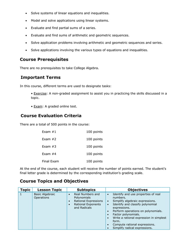 Algebra Syllabus | PDF