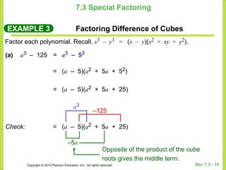 Copyright © 2010 Pearson Education, Inc. All rights reserved. Sec 7.3 - 15
–5a
a3
–125
7.3 Special Factoring
EXAMPLE 3 Factoring Difference of Cubes
Factor each polynomial. Recall, x3 – y3 = (x – y)(x2 + xy + y2).
= a3 – 53
= (a – 5)(a2 + 5a + 52)
= (a – 5)(a2 + 5a + 25)
(a) a3 – 125
Check: = (a – 5)(a2 + 5a + 25)
Opposite of the product of the cube
roots gives the middle term.
 