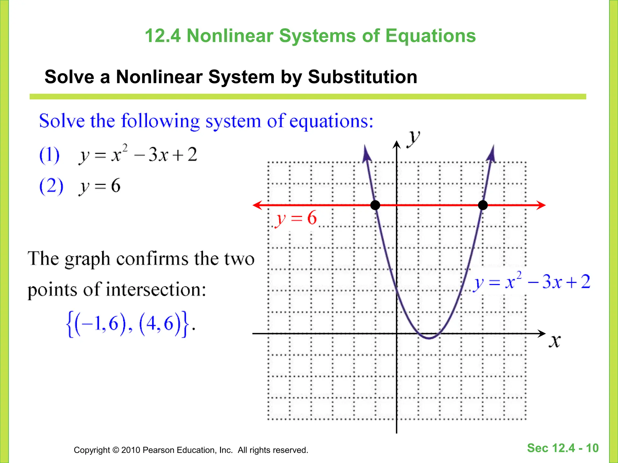 Copyright © 2010 Pearson Education, Inc. All rights reserved. Sec 12.4 - 10
12.4 Nonlinear Systems of Equations
Solve a Nonlinear System by Substitution
 