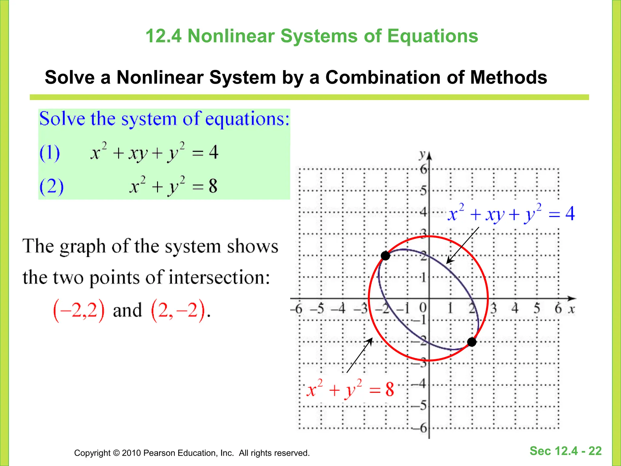 Copyright © 2010 Pearson Education, Inc. All rights reserved. Sec 12.4 - 22
12.4 Nonlinear Systems of Equations
Solve a Nonlinear System by a Combination of Methods
 