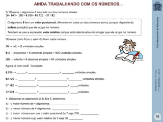 Matemática-5.ºAno
1.ºBIMESTRE/2013
3- Observe o algarismo 8 em cada um dos números abaixo:
38 - 843 - 285 - 8.936 - 89.725 - 57.182.
Observe como ficou o valor do 8 em cada número:
38 → oito = 8 unidades simples.
843 →oitocentos = 8 centenas simples = 800 unidades simples.
285 → oitenta = 8 dezenas simples = 80 unidades simples.
Agora, é com você! Complete:
8.936 → ______= _____________________= ________ unidades simples.
89.725 → ___________= ____________________=_________ unidades simples.
57.182 → ____________ = ___________________= _____unidades.
72.928 → ____________ = ___________________= _____unidades.
O algarismo 8 tem um valor posicional, diferente em cada um dos números acima, porque depende da
ordem (posição) que ele ocupa no número.
Também se usa a expressão valor relativo porque está relacionado com o lugar que ele ocupa no número
4- Utilizando os algarismos 3, 5, 6 e 7, determine:
a) o maior número de 4 algarismos. __________________
b) o menor número de 4 algarismos. __________________
c) o maior número em que o valor posicional do 7 seja 700, ____________
d) o menor número cujo valor relativo do 3 seja 30. _________
10
MULTIRIO
 