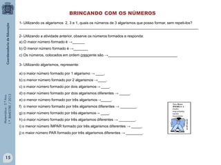 Matemática-5.ºAno
1.ºBIMESTRE/2013
BRINCANDO COM OS NÚMEROS
1- Utilizando os algarismos 2, 3 e 1, quais os números de 3 algarismos que posso formar, sem repeti-los?
________________________________________________________________________________________
2- Utilizando a atividade anterior, observe os números formados e responda:
a) O maior número formado é →______
b) O menor número formado é →_______
c) Os números, colocados em ordem crescente são →__________________________________
3- Utilizando algarismos, represente:
a) o maior número formado por 1 algarismo → ____.
b) o menor número formado por 2 algarismos →____.
c) o maior número formado por dois algarismos→ ____.
d) o maior número formado por dois algarismos diferentes → _____.
e) o menor número formado por três algarismos→_____.
f) o menor número formado por três algarismos diferentes → ________.
g) o maior número formado por três algarismos→ ____.
h) o maior número formado por três algarismos diferentes → ________.
i) o menor número ÍMPAR formado por três algarismos diferentes → _____.
j) o maior número PAR formado por três algarismos diferentes → ________.
15
 