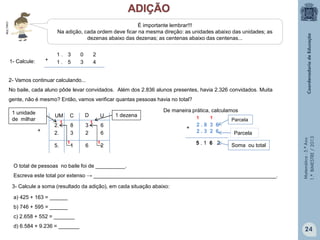 Matemática-5.ºAno
1.ºBIMESTRE/2013
É importante lembrar!!!
Na adição, cada ordem deve ficar na mesma direção: as unidades abaixo das unidades; as
dezenas abaixo das dezenas; as centenas abaixo das centenas...
1- Calcule:
1 . 3 0 2
1 . 5 3 4+
2- Vamos continuar calculando...
No baile, cada aluno pôde levar convidados. Além dos 2.836 alunos presentes, havia 2.326 convidados. Muita
gente, não é mesmo? Então, vamos verificar quantas pessoas havia no total?
UM C D U
2. 8 3 6
+ 2. 3 2 6
2615.
1
11
1
1 dezena1 unidade
de milhar
De maneira prática, calculamos
O total de pessoas no baile foi de __________.
Escreva este total por extenso → ______________________________________________________________.
+
5 . 1 6 2
11
Parcela
Parcela
Soma ou total
2 . 8 3 6
2 . 3 2 6
3- Calcule a soma (resultado da adição), em cada situação abaixo:
a) 425 + 163 = ______
b) 746 + 595 = ______
c) 2.658 + 552 = _______
d) 6.584 + 9.236 = _______
24
MULTIRIO
 