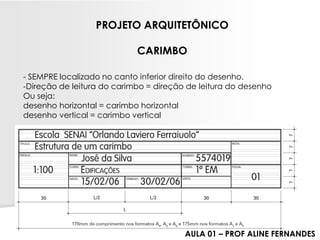 -SEMPRE localizado no canto inferior direito do desenho. 
-Direção de leitura do carimbo = direção de leitura do desenhoOu seja: desenho horizontal = carimbo horizontaldesenho vertical = carimbo vertical 
PROJETO ARQUITETÔNICO 
CARIMBO 
AULA 01 –PROF ALINE FERNANDES  
