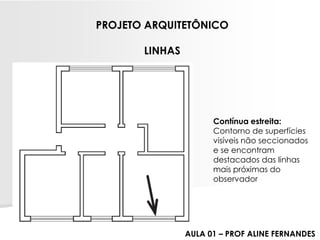 PROJETO ARQUITETÔNICOLINHAS 
Contínua estreita: 
Contorno de superfícies visíveis não seccionados e se encontram destacados das linhas mais próximas do observador 
AULA 01 –PROF ALINE FERNANDES  