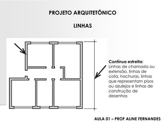 PROJETO ARQUITETÔNICOLINHASContínua estreita: Linhas de chamada ou extensão, linhas de cota, hachuras, linhas que representam pisos ou azulejos e linhas de construção de desenhos 
AULA 01 –PROF ALINE FERNANDES  