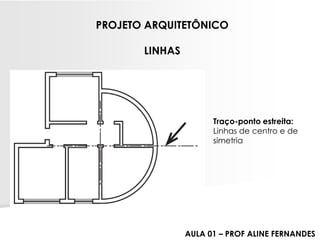 PROJETO ARQUITETÔNICOLINHAS 
Traço-ponto estreita: 
Linhas de centro e de simetria 
AULA 01 –PROF ALINE FERNANDES  