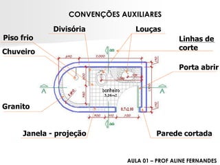 Parede cortadaPorta abrirPiso frio 
Linhas de corteChuveiro 
Louças 
GranitoDivisóriaJanela -projeção 
CONVENÇÕES AUXILIARES 
AULA 01 –PROF ALINE FERNANDES  