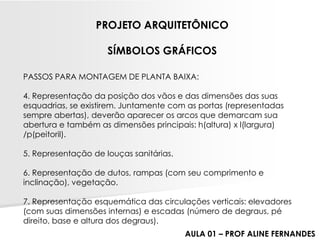 PASSOS PARA MONTAGEM DE PLANTA BAIXA: 
4. Representação da posição dos vãos e das dimensões das suas esquadrias, se existirem. Juntamente com as portas (representadas sempre abertas), deverão aparecer os arcos que demarcam sua abertura e também as dimensões principais: h(altura) x l(largura) /p(peitoril). 
5. Representação de louças sanitárias. 
6. Representação de dutos, rampas (com seu comprimento e inclinação), vegetação. 
7. Representação esquemática das circulações verticais: elevadores (com suas dimensões internas) e escadas (número de degraus, pé direito, base e altura dos degraus). 
PROJETO ARQUITETÔNICO 
SÍMBOLOS GRÁFICOS 
AULA 01 –PROF ALINE FERNANDES  