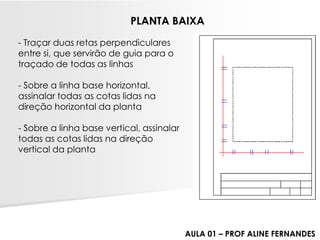 -Traçar duas retas perpendiculares entre si, que servirão de guia para o traçado de todas as linhas-Sobre a linha base horizontal, assinalar todas as cotas lidas na direção horizontal da planta-Sobre a linha base vertical, assinalar todas as cotas lidas na direção vertical da planta 
PLANTA BAIXA 
AULA 01 –PROF ALINE FERNANDES  