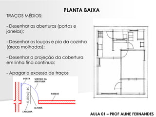 TRAÇOS MÉDIOS: -Desenhar as aberturas (portas e janelas); -Desenhar as louças e pia da cozinha (áreas molhadas); -Desenhar a projeção da cobertura em linha fina contínua; -Apagar o excesso de traçosPLANTA BAIXAAULA 01 –PROF ALINE FERNANDES  