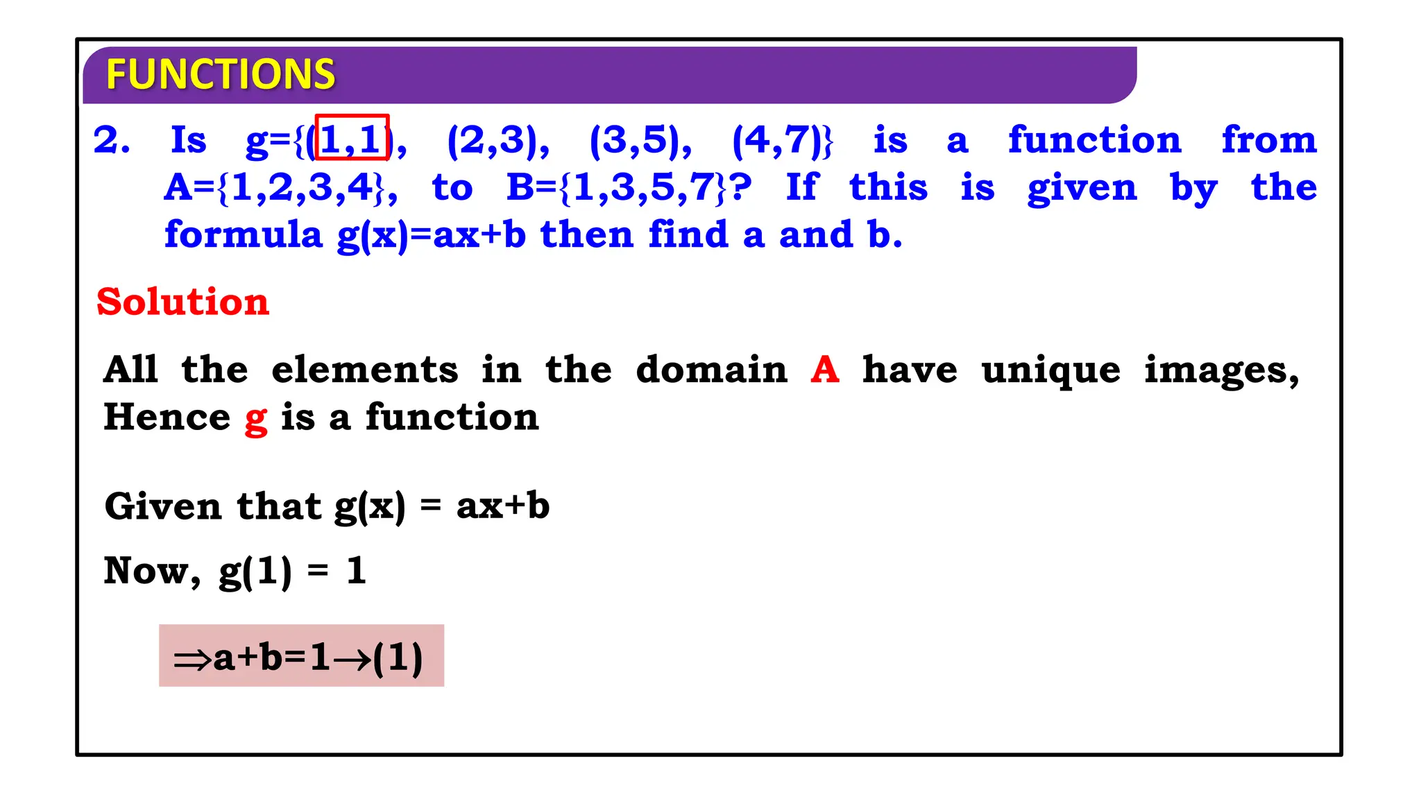 FUNCTIONS
2. Is g={(1,1), (2,3), (3,5), (4,7)} is a function from
A={1,2,3,4}, to B={1,3,5,7}? If this is given by the
formula g(x)=ax+b then find a and b.
All the elements in the domain A have unique images,
Hence g is a function
Given that
Now,
Solution
g(x) = ax+b
g(1) = 1
a+b=1(1)
 