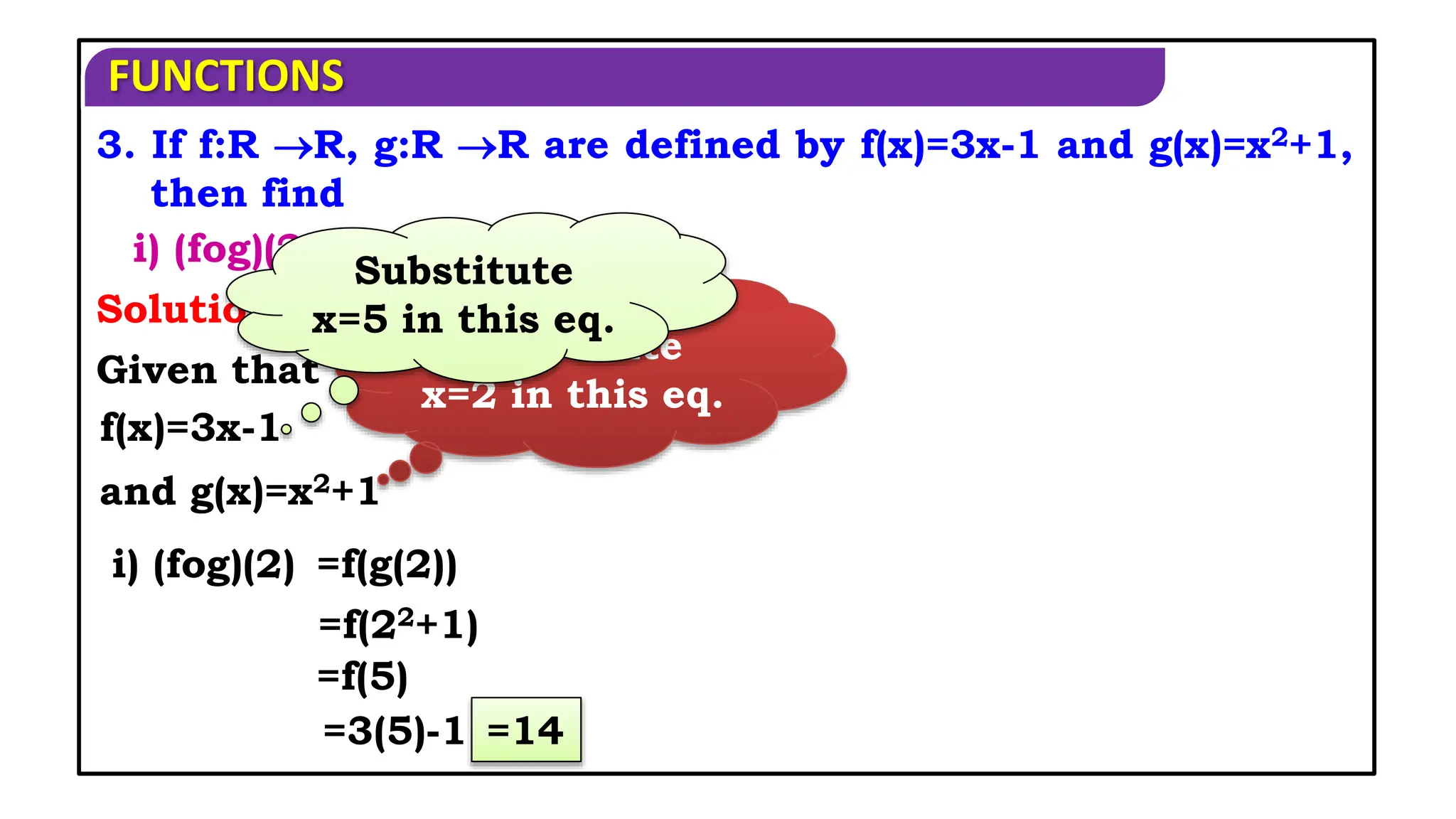 FUNCTIONS
3. If f:R R, g:R R are defined by f(x)=3x-1 and g(x)=x2+1,
then find
Solution
i) (fog)(2)
Given that
f(x)=3x-1
and g(x)=x2+1
i) (fog)(2) =f(g(2))
=f(22+1)
=f(5)
=3(5)-1
Substitute
x=2 in this eq.
Substitute
x=5 in this eq.
=14
 