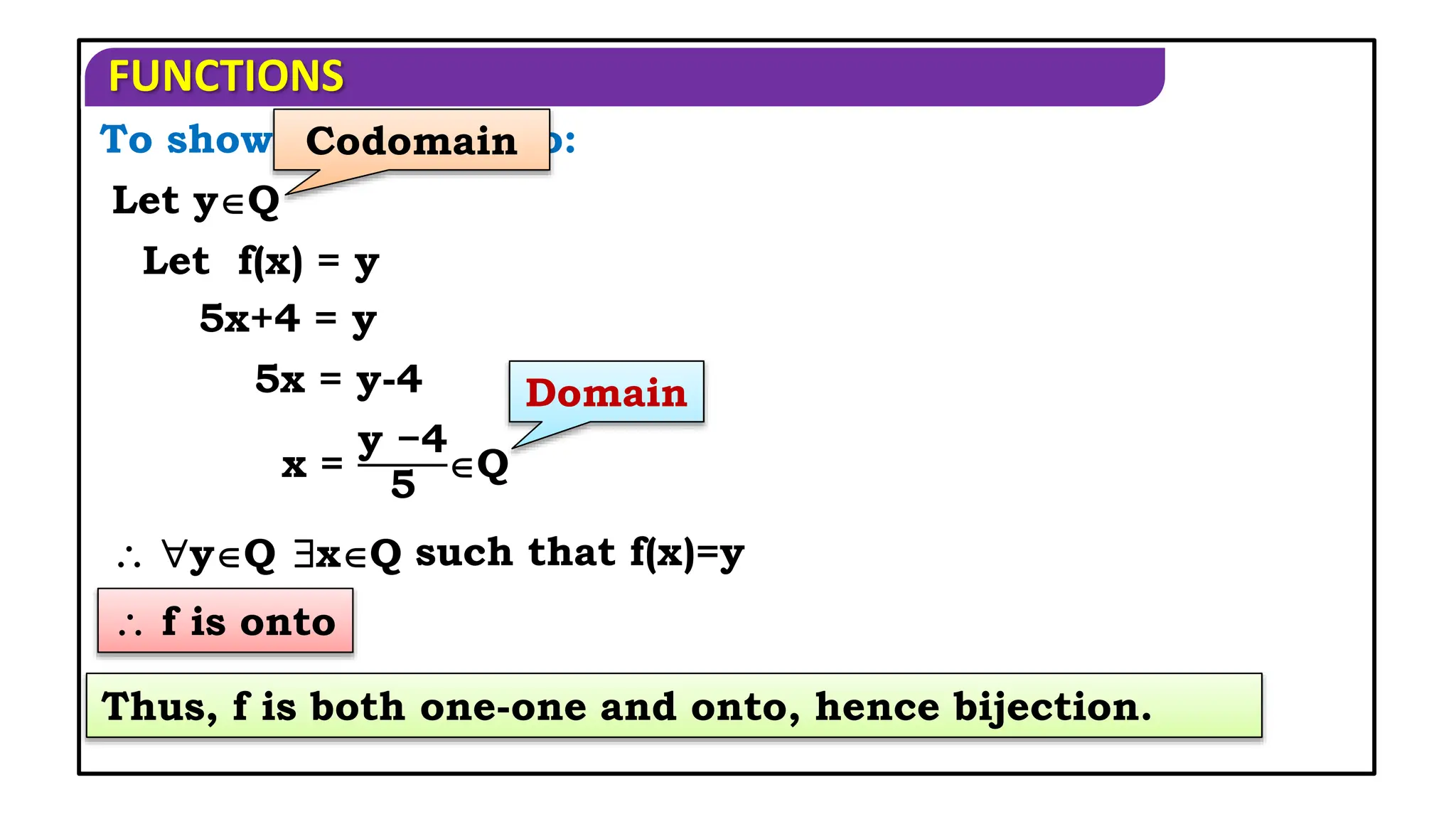 FUNCTIONS
such that f(x)=y
To show that f is onto:
 f is onto
Thus, f is both one-one and onto, hence bijection.
Codomain
Let yQ
Let f(x) = y
5x+4 = y
5x = y-4
x =
y −4
5
Q
 yQ xQ
Domain
 