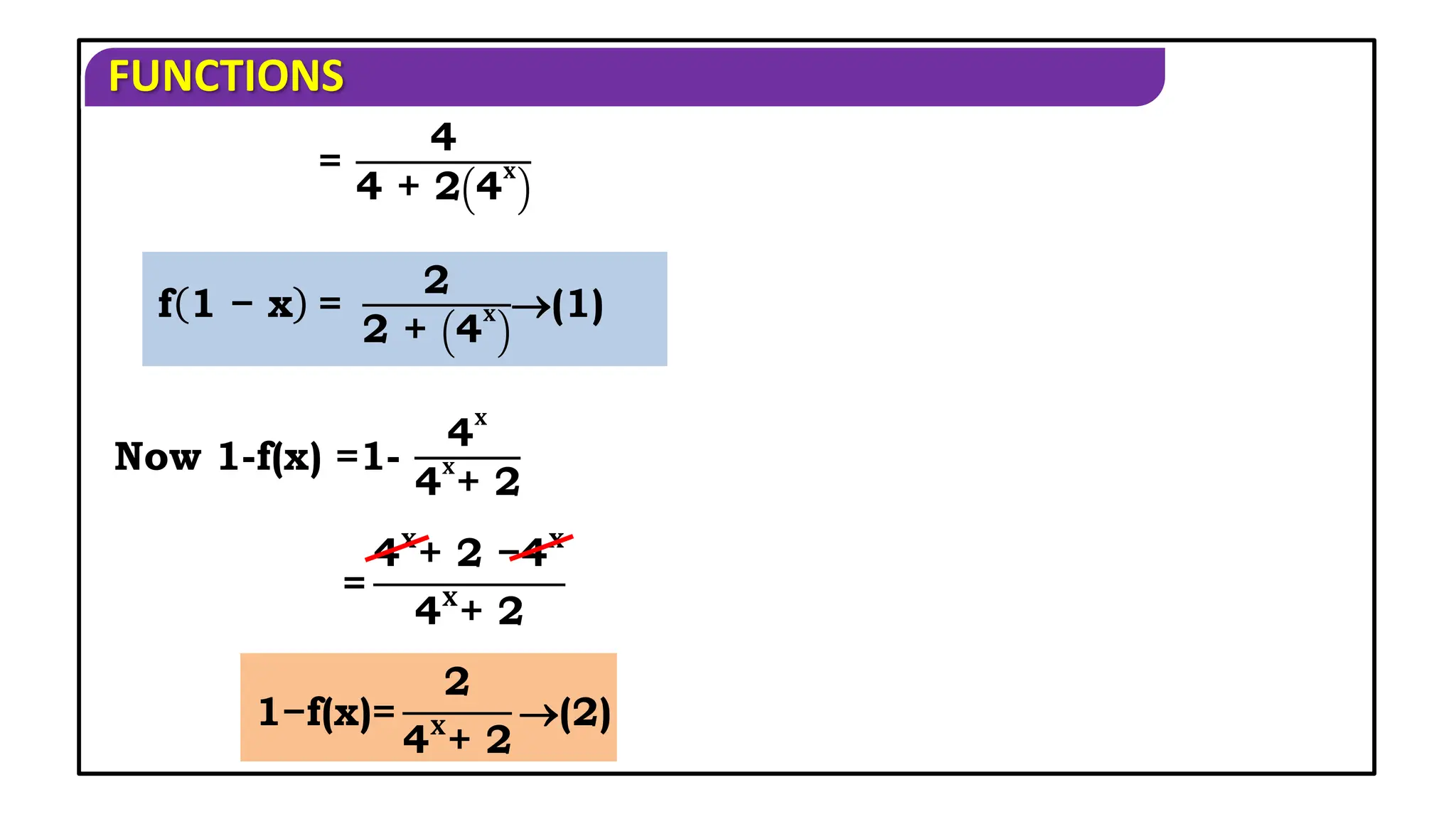 FUNCTIONS
Now 1-f(x) =1-
4
𝐱
4
𝐱
+ 2
=
4
4 + 2 4
𝐱
f 1 − x =
2
2 + 4
𝐱 (1)
=
4𝐱
+ 2 −4𝐱
4𝐱
+ 2
1−f(x)=
2
4𝐱
+ 2
(2)
 