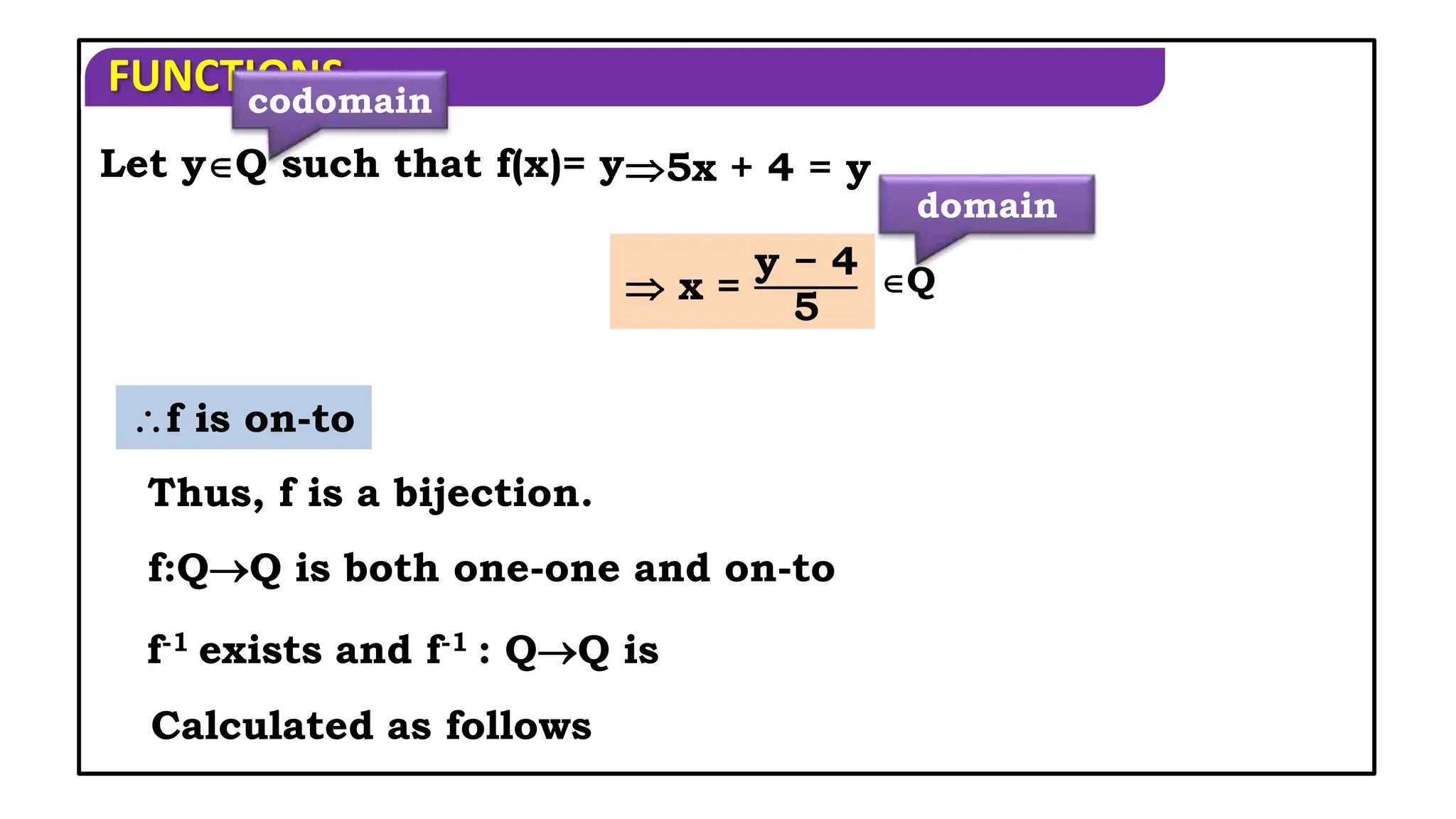FUNCTIONS
Let yQ such that f(x)= y5x + 4 = y
 x =
y − 4
5
f is on-to
Thus, f is a bijection.
f:QQ is both one-one and on-to
Calculated as follows
f-1 exists and f-1 : QQ is
Q
codomain
domain
 