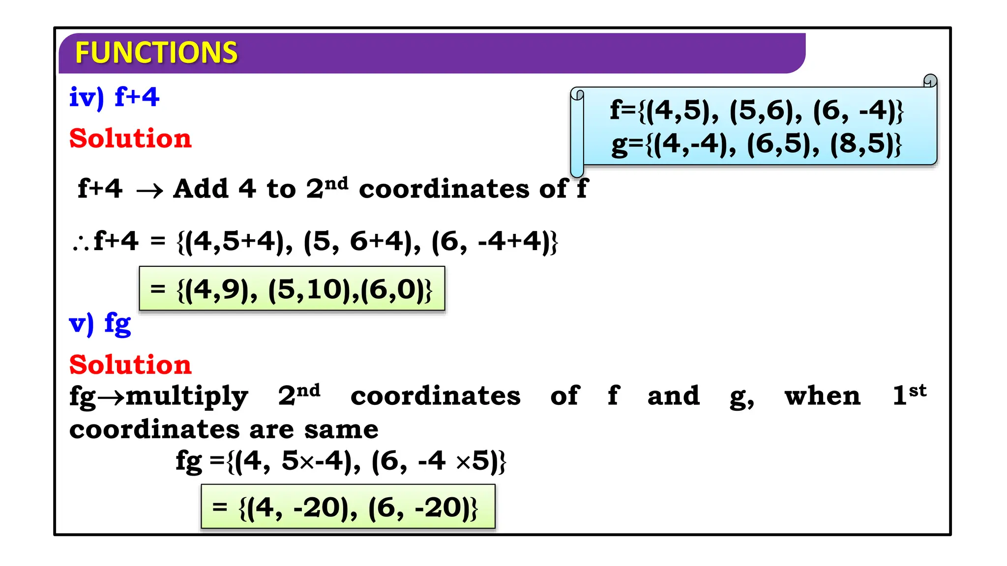 FUNCTIONS
f+4
f+4
fg
fg
iv) f+4
Solution
 Add 4 to 2nd coordinates of f
= {(4,5+4), (5, 6+4), (6, -4+4)}
= {(4,9), (5,10),(6,0)}
v) fg
Solution
multiply 2nd coordinates of f and g, when 1st
coordinates are same
={(4, 5-4), (6, -4 5)}
= {(4, -20), (6, -20)}
f={(4,5), (5,6), (6, -4)}
g={(4,-4), (6,5), (8,5)}
 