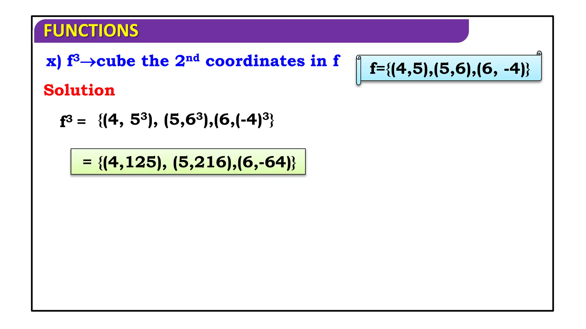 FUNCTIONS
f3 =
x) f3cube the 2nd coordinates in f
Solution
{(4, 53), (5,63),(6,(-4)3}
= {(4,125), (5,216),(6,-64)}
f={(4,5),(5,6),(6, -4)}
 