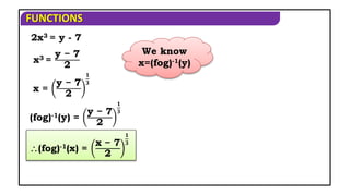 FUNCTIONS
(fog)-1(y) =
y − 7
2
𝟏
𝟑
(fog)-1(x) =
x − 7
2
𝟏
𝟑
x3 =
y − 7
2
x =
y − 7
2
𝟏
𝟑
2x3 = y - 7
We know
x=(fog)-1(y)
 