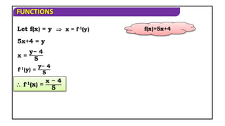 FUNCTIONS
Let f(x) = y
5x+4 = y
 f-1(x) =
x − 4
5
x =
y− 4
5
f(x)=5x+4
 x = f-1(y)
f-1(y) =
y− 4
5
 