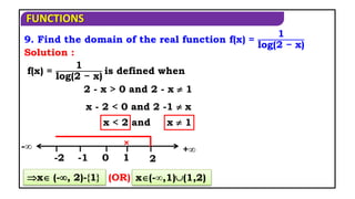 FUNCTIONS
9. Find the domain of the real function f(x) =
1
log(2 − x)
2 - x > 0 and 2 - x  1
x - 2 < 0 and 2 -1  x
f(x) =
1
log(2 − x)
is defined when
Solution :
x < 2 and x  1
2
1
0
-1
-2
×
-∞ +∞
(OR) x(-∞,1)(1,2)
x (-, 2)-{1}
 