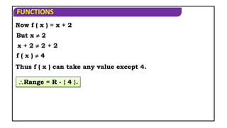 FUNCTIONS
Now f ( x ) = x + 2
Thus f ( x ) can take any value except 4.
Range = R - { 4 }.
But x  2
x + 2  2 + 2
f ( x )  4
 