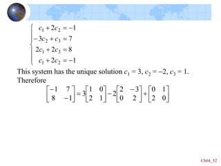 Ch04_52







-






-
-


1
2
8
2
2
7
3
1
2
2
1
3
1
3
2
2
1
c
c
c
c
c
c
c
c
This system has the unique solution c1 = 3, c2 = -2, c3 = 1.
Therefore












 -
-













-
-
0
2
1
0
2
0
3
2
2
1
2
0
1
3
1
8
7
1
 