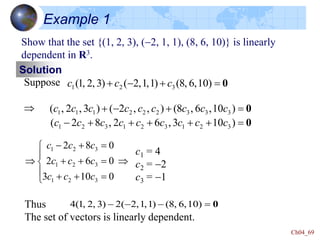 Ch04_69
Example 1
Show that the set {(1, 2, 3), (-2, 1, 1), (8, 6, 10)} is linearly
dependent in R3.
Solution
Suppose

0


-
 )
10
,
6
,
8
(
)
1
,
1
,
2
(
)
3
,
2
,
1
( 3
2
1 c
c
c
0
0






-


-

)
10
3
,
6
2
,
8
2
(
)
10
,
6
,
8
(
)
,
,
2
(
)
3
,
2
,
(
3
2
1
3
2
1
3
2
1
3
3
3
2
2
2
1
1
1
c
c
c
c
c
c
c
c
c
c
c
c
c
c
c
c
c
c
Thus
The set of vectors is linearly dependent.
0

-
-
- )
10
,
6
,
8
(
)
1
,
1
,
2
(
2
)
3
,
2
,
1
(
4
c1 = 4
c2 = -2
c3 = -1














-

0
10
3
0
6
2
0
8
2
3
2
1
3
2
1
3
2
1
c
c
c
c
c
c
c
c
c
 