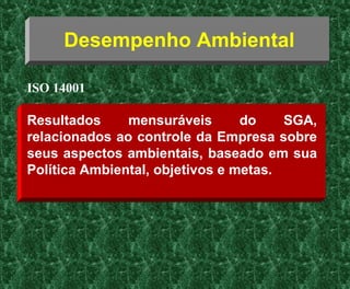 Desempenho Ambiental
Resultados mensuráveis do SGA,
relacionados ao controle da Empresa sobre
seus aspectos ambientais, baseado em sua
Política Ambiental, objetivos e metas.
ISO 14001
 