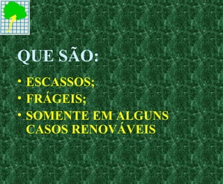 QUE SÃO:
• ESCASSOS;
• FRÁGEIS;
• SOMENTE EM ALGUNS
CASOS RENOVÁVEIS
 