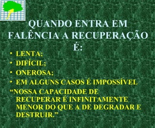 QUANDO ENTRA EM
FALÊNCIA A RECUPERAÇÃO
É:
• LENTA;
• DIFÍCIL;
• ONEROSA;
• EM ALGUNS CASOS É IMPOSSÍVEL
“NOSSA CAPACIDADE DE
RECUPERAR É INFINITAMENTE
MENOR DO QUE A DE DEGRADAR E
DESTRUIR.”
 