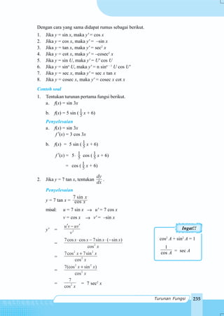 235Turunan Fungsi
Dengan cara yang sama didapat rumus sebagai berikut.
1. Jika y = sin x, maka y' = cos x
2. Jika y = cos x, maka y' = –sin x
3. Jika y = tan x, maka y' = sec2
x
4. Jika y = cot x, maka y' = –cosec2
x
5. Jika y = sin U, maka y' = U' cos U
6. Jika y = sinn
U, maka y' = n sinn – 1
U cos U'
7. Jika y = sec x, maka y' = sec x tan x
8. Jika y = cosec x, maka y' = cosec x cot x
Contoh soal
1. Tentukan turunan pertama fungsi berikut.
a. f(x) = sin 3x
b. f(x) = 5 sin ( 5
1 x + 6)
Penyelesaian
a. f(x) = sin 3x
f ′(x) = 3 cos 3x
b. f(x) = 5 sin ( 5
1 x + 6)
f ′(x) = 5⋅ 5
1 cos ( 5
1 x + 6)
= cos ( 5
1 x + 6)
2. Jika y = 7 tan x, tentukan
dy
dx
.
Penyelesaian
y = 7 tan x =
7 sin
cos
x
x
misal: u = 7 sin x → u' = 7 cos x
v = cos x → v' = –sin x
y' = 2
u v uv
v
′ ′−
= 2
7cos cos 7sin ( sin )
cos
x x x x
x
⋅ − ⋅ −
=
2 2
2
7cos 7sin
cos
x x
x
+
=
2 2
2
7(cos sin )
cos
x x
x
+
= 2
7
cos x
= 7 sec2
x
cos2
A + sin2
A = 1
Acos
1
= sec A
Ingat!!
 