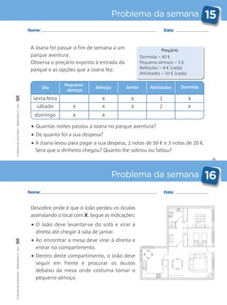 Preçário
Dormida – 40 €
Pequeno-almoço – 3 €
Refeições – 8 € (cada)
Atividades – 10 € (cada)
Dia
Pequeno-
-almoço
Almoço Jantar Atividades Dormida
sexta-feira
x
x
x
x x
x
1
2
x
x
x
sábado
domingo
✄
Problema da semana 15
Problema da semana 16
Nome: Data:
Nome: Data:
A Joana foi passar o fim de semana a um
parque aventura.
Observa o preçário exposto à entrada do
parque e as opções que a Joana fez:
• Quantas noites passou a Joana no parque aventura?
• De quanto foi a sua despesa?
• A Joana levou para pagar a sua despesa, 2 notas de 50 € e 3 notas de 20 €.
Será que o dinheiro chegou? Quanto lhe sobrou ou faltou?
Descobre onde é que o João perdeu os óculos
assinalando o local com X. Segue as indicações:
• O João deve levantar-se do sofá e virar à
direita até chegar à sala de jantar.
• Ao encontrar a mesa deve virar à direita e
entrar no compartimento.
• Dentro deste compartimento, o João deve
seguir em frente e procurar os óculos
debaixo da mesa onde costuma tomar o
pequeno-almoço.
OMundodaCarochinha–Matemática2.°anoOMundodaCarochinha–Matemática2.°ano
 