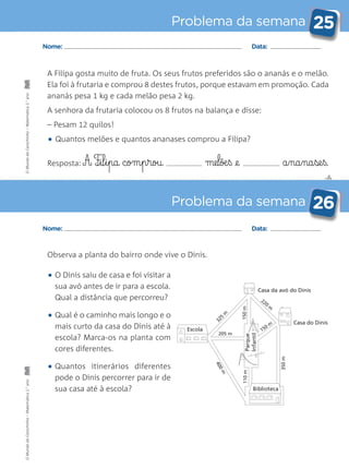Escola
Casa da avó do Dinis
Casa do Dinis
Biblioteca
205 m
150m110m
350m
400m
325
m
220
m
150 m
Parque
Infantil
✄
Problema da semana 25
Problema da semana 26
Nome: Data:
Nome: Data:
A Filipa gosta muito de fruta. Os seus frutos preferidos são o ananás e o melão.
Ela foi à frutaria e comprou 8 destes frutos, porque estavam em promoção. Cada
ananás pesa 1 kg e cada melão pesa 2 kg.
A senhora da frutaria colocou os 8 frutos na balança e disse:
– Pesam 12 quilos!
• Quantos melões e quantos ananases comprou a Filipa?
Resposta: A F‰§il§i§pa com§p§rou melõæ§ß @e a§na§na§se§ß.
Observa a planta do bairro onde vive o Dinis.
• O Dinis saiu de casa e foi visitar a
sua avó antes de ir para a escola.
Qual a distância que percorreu?
• Qual é o caminho mais longo e o
mais curto da casa do Dinis até à
escola? Marca-os na planta com
cores diferentes.
• Quantos itinerários diferentes
pode o Dinis percorrer para ir de
sua casa até à escola?
OMundodaCarochinha–Matemática2.°anoOMundodaCarochinha–Matemática2.°ano
 