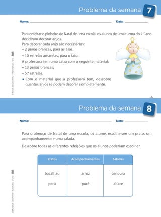 Pratos
✄
Problema da semana 7
Problema da semana 8
Nome: Data:
Nome: Data:
Para enfeitar o pinheiro de Natal de uma escola, os alunos de uma turma do 2.° ano
decidiram decorar anjos.
Para decorar cada anjo são necessárias:
– 2 penas brancas, para as asas.
– 10 estrelas amarelas, para o fato.
A professora tem uma caixa com o seguinte material:
– 13 penas brancas;
– 57 estrelas.
• Com o material que a professora tem, descobre
quantos anjos se podem decorar completamente.
Para o almoço de Natal de uma escola, os alunos escolheram um prato, um
acompanhamento e uma salada.
Descobre todas as diferentes refeições que os alunos poderiam escolher.
SaladasAcompanhamentos
bacalhau
perú
cenoura
alface
arroz
puré
OMundodaCarochinha–Matemática2.°anoOMundodaCarochinha–Matemática2.°ano
 