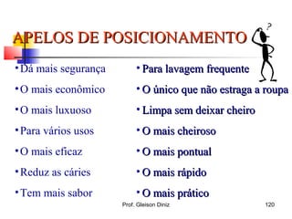 APELOS DE POSICIONAMENTOAPELOS DE POSICIONAMENTO
• Para lavagem frequentePara lavagem frequente
• O único que não estraga a roupaO único que não estraga a roupa
• Limpa sem deixar cheiroLimpa sem deixar cheiro
• O mais cheirosoO mais cheiroso
• O mais pontualO mais pontual
• O mais rápidoO mais rápido
• O mais práticoO mais prático
•Dá mais segurança
•O mais econômico
•O mais luxuoso
•Para vários usos
•O mais eficaz
•Reduz as cáries
•Tem mais sabor
120Prof. Gleison Diniz
 