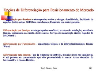 Opções de Diferenciação para Posicionamento de MercadoOpções de Diferenciação para Posicionamento de Mercado
Diferenciação por ProdutoDiferenciação por Produto - desempenho, estilo e design, durabilidade, facilidade de- desempenho, estilo e design, durabilidade, facilidade de
reparos, dentre outros: OMO lava mais branco; Panasonic tem maior garantia.reparos, dentre outros: OMO lava mais branco; Panasonic tem maior garantia.
Diferenciação por ServiçosDiferenciação por Serviços - entrega rápida e confiável, serviços de instalação, assistência- entrega rápida e confiável, serviços de instalação, assistência
técnica, treinamento ao cliente, dentre outros: Serviço de manutenção Xerox; Rapidez dotécnica, treinamento ao cliente, dentre outros: Serviço de manutenção Xerox; Rapidez do
McDonald’s.McDonald’s.
Diferenciação por FuncionáriosDiferenciação por Funcionários - capacitação técnica e de inter-relacionamento: Disney- capacitação técnica e de inter-relacionamento: Disney
World.World.
Diferenciação pela ImagemDiferenciação pela Imagem -- uso de logotipos ou símbolos, móveis e cores nas instalações,uso de logotipos ou símbolos, móveis e cores nas instalações,
e até pessoas na comunicação que dão personalidade à marca: Arcos dourados doe até pessoas na comunicação que dão personalidade à marca: Arcos dourados do
McDonald’s; o Garoto Bombril.McDonald’s; o Garoto Bombril.
121Prof. Gleison Diniz
 