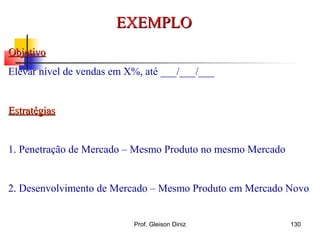 EXEMPLOEXEMPLO
ObjetivoObjetivo
Elevar nível de vendas em X%, até ___/___/___
EstratégiasEstratégias
1. Penetração de Mercado – Mesmo Produto no mesmo Mercado
2. Desenvolvimento de Mercado – Mesmo Produto em Mercado Novo
130Prof. Gleison Diniz
 