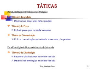 Para Estratégia de Penetração de Mercado
 Tática(s) de produtoTática(s) de produto
1- Desenvolver novos usos para o produto
 Tática(s) de PreçoTática(s) de Preço
2- Reduzir preço para estimular consumo
 Táticas de ComunicaçãoTáticas de Comunicação
3- Utilizar comunicação que estimule novos usos p/ o produto
Para Estratégia de Desenvolvimento de Mercado
 Tática(s) de DistribuiçãoTática(s) de Distribuição
4- Encontrar distribuidores em outras capitais
5- Desenvolver promoções em outras capitais
TÁTICASTÁTICAS
131Prof. Gleison Diniz
 
