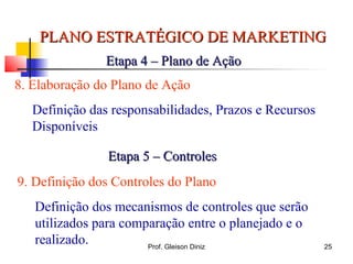 PLANO ESTRATÉGICO DE MARKETINGPLANO ESTRATÉGICO DE MARKETING
Etapa 4 – Plano de AçãoEtapa 4 – Plano de Ação
8. Elaboração do Plano de Ação
Definição das responsabilidades, Prazos e Recursos
Disponíveis
Etapa 5 – ControlesEtapa 5 – Controles
9. Definição dos Controles do Plano
Definição dos mecanismos de controles que serão
utilizados para comparação entre o planejado e o
realizado. 25Prof. Gleison Diniz
 