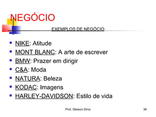 NEGÓCIO
EXEMPLOS DE NEGÓCIO
 NIKE: Atitude
 MONT BLANC: A arte de escrever
 BMW: Prazer em dirigir
 C&A: Moda
 NATURA: Beleza
 KODAC: Imagens
 HARLEY-DAVIDSON: Estilo de vida
36Prof. Gleison Diniz
 