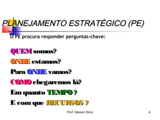 PLANEJAMENTO ESTRATÉGICO (PE)PLANEJAMENTO ESTRATÉGICO (PE)
QUEMQUEM somos?somos?
ONDEONDE estamos?estamos?
ParaPara ONDEONDE vamos?vamos?
COMOCOMO chegaremos lá?chegaremos lá?
EmquantoEmquanto TEMPO ?TEMPO ?
E comqueE comque RECURSOS ?RECURSOS ?
O PE procura responder perguntas-chave:
4Prof. Gleison Diniz
 