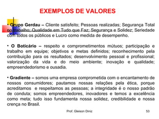 • Grupo Gerdau – Cliente satisfeito; Pessoas realizadas; Segurança Total
no trabalho; Qualidade em Tudo que Faz; Segurança e Solidez; Seriedade
com todos os públicos e Lucro como medida de desempenho.
• O Boticário – respeito e comprometimentos mútuos; participação e
trabalho em equipe; objetivos e metas definidos; reconhecimento pela
contribuição para os resultados; desenvolvimento pessoal e profissional;
valorização da vida e do meio ambiente; inovação e qualidade;
empreendedorismo e ousadia.
• Gradiente – somos uma empresa comprometida com o encantamento de
nossos consumidores; pautamos nossas relações pela ética, porque
acreditamos e respeitamos as pessoas; a integridade é o nosso padrão
de conduta; somos empreendedores, inovadores e temos a excelência
como meta; tudo isso fundamenta nossa solidez, credibilidade e nossa
crença no Brasil.
EXEMPLOS DE VALORES
53Prof. Gleison Diniz
 
