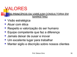 VALORES
OS PRINCÍPIOS DA VAREJUM CONSULTORIA EM
MARKETING
 Visão estratégica
 Atuar com ética
 Respeito e valorização do ser humano
 Equipe competente que faz a diferença
 Jamais deixar de ousar e inovar
 Um excelente lugar para trabalhar
 Manter sigilo e discrição sobre nossos clientes
56Prof. Gleison Diniz
 