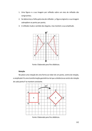 102
1. Uma figura e a sua imagem por reflexão sobre um eixo de reflexão são
congruentes;
2. Se dobrarmos a folha pelo eixo de reflexão r, a figura original e a sua imagem
sobrepõem-se ponto por ponto;
3. A reflexão muda o sentido dos ângulos, mas mantem a sua amplitude.
Fonte: Elaborado para fins didáticos.
Rotação
No plano uma rotação de uma forma ao redor de um ponto, centro da rotação,
e amplitude 𝜃 é uma transformação geométrica tal que a distância ao centro de rotação
de cada ponto P se mantem constante.
Fonte: Elaborado para fins didáticos.
 