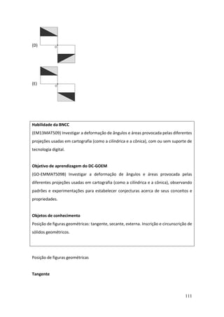 111
(D)
(E)
Habilidade da BNCC
(EM13MAT509) Investigar a deformação de ângulos e áreas provocada pelas diferentes
projeções usadas em cartografia (como a cilíndrica e a cônica), com ou sem suporte de
tecnologia digital.
Objetivo de aprendizagem do DC-GOEM
(GO-EMMAT509B) Investigar a deformação de ângulos e áreas provocada pelas
diferentes projeções usadas em cartografia (como a cilíndrica e a cônica), observando
padrões e experimentações para estabelecer conjecturas acerca de seus conceitos e
propriedades.
Objetos de conhecimento
Posição de figuras geométricas: tangente, secante, externa. Inscrição e circunscrição de
sólidos geométricos.
Posição de figuras geométricas
Tangente
 