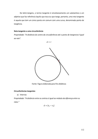 112
Do latim tangens, o termo tangente é simultaneamente um substantivo e um
adjetivo que faz referência àquilo que toca ou que tange, portanto, uma reta tangente
é aquela que tem um único ponto em comum com uma curva, denominado ponto de
tangência.
Reta tangente a uma circunferência
Propriedade: “A distância do centro da circunferência até o ponto de tangencia é igual
ao raio”.
𝑑 = 𝑟
Fonte: Figura elaborada para fins didáticos
Circunferências tangentes
a) Internas
Propriedade: “A distância entre os centros é igual ao módulo da diferença entre os
raios.”
𝑑 = |𝑟1 − 𝑟2|
 