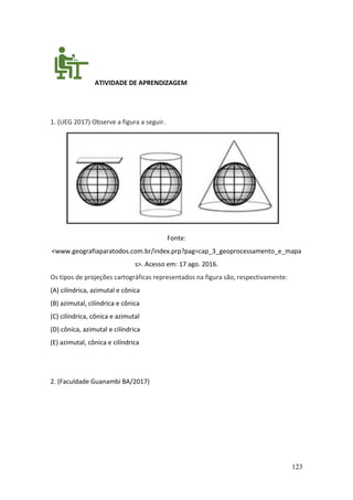 123
ATIVIDADE DE APRENDIZAGEM
1. (UEG 2017) Observe a figura a seguir.
Fonte:
<www.geografiaparatodos.com.br/index.prp?pag=cap_3_geoprocessamento_e_mapa
s>. Acesso em: 17 ago. 2016.
Os tipos de projeções cartográficas representados na figura são, respectivamente:
(A) cilíndrica, azimutal e cônica
(B) azimutal, cilíndrica e cônica
(C) cilíndrica, cônica e azimutal
(D) cônica, azimutal e cilíndrica
(E) azimutal, cônica e cilíndrica
2. (Faculdade Guanambi BA/2017)
 